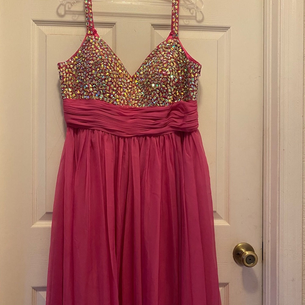 Floor length pink prom dress